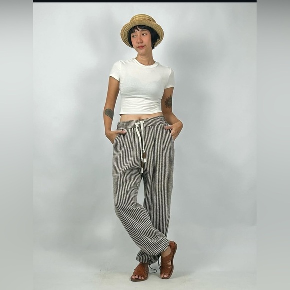 Brown and White Women's Striped Pants, elastic waist, adjustable ankle cuff. - Picture 16 of 16